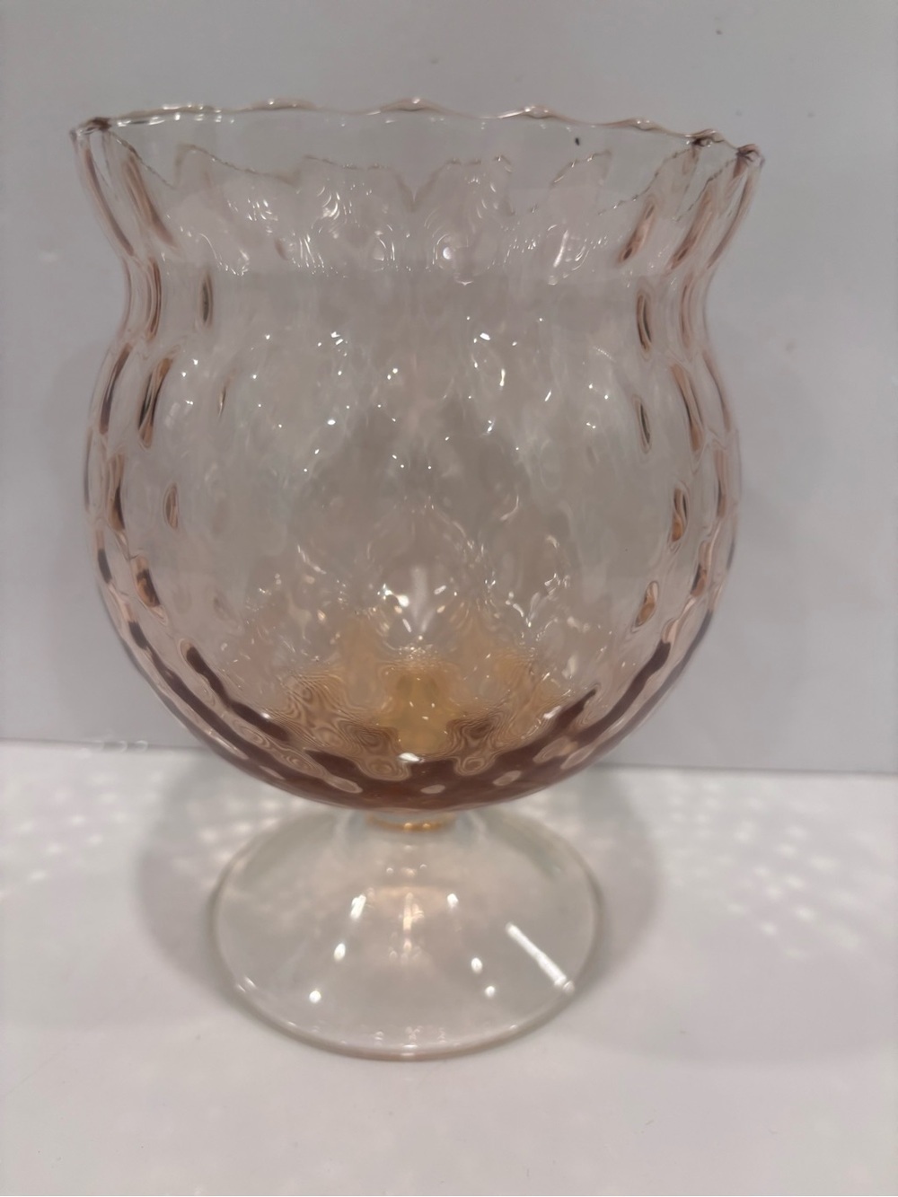 Vintage Pink Pressed Glass Footed Rose Bowl Vase Scalloped Rim Mid Century 6.5”
